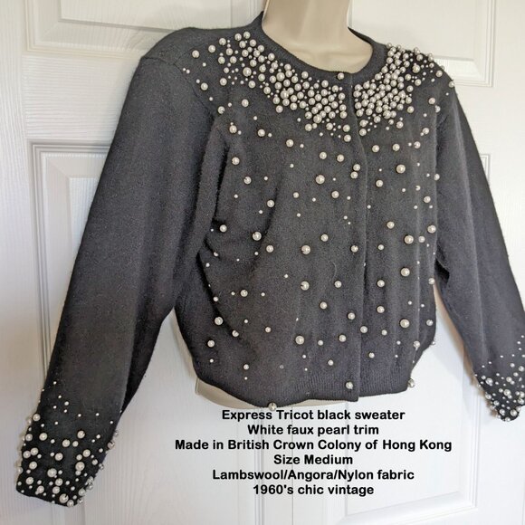 Express Tricot black sweater, White faux pearl trim Made British Crown Hong Kong - Picture 9 of 17